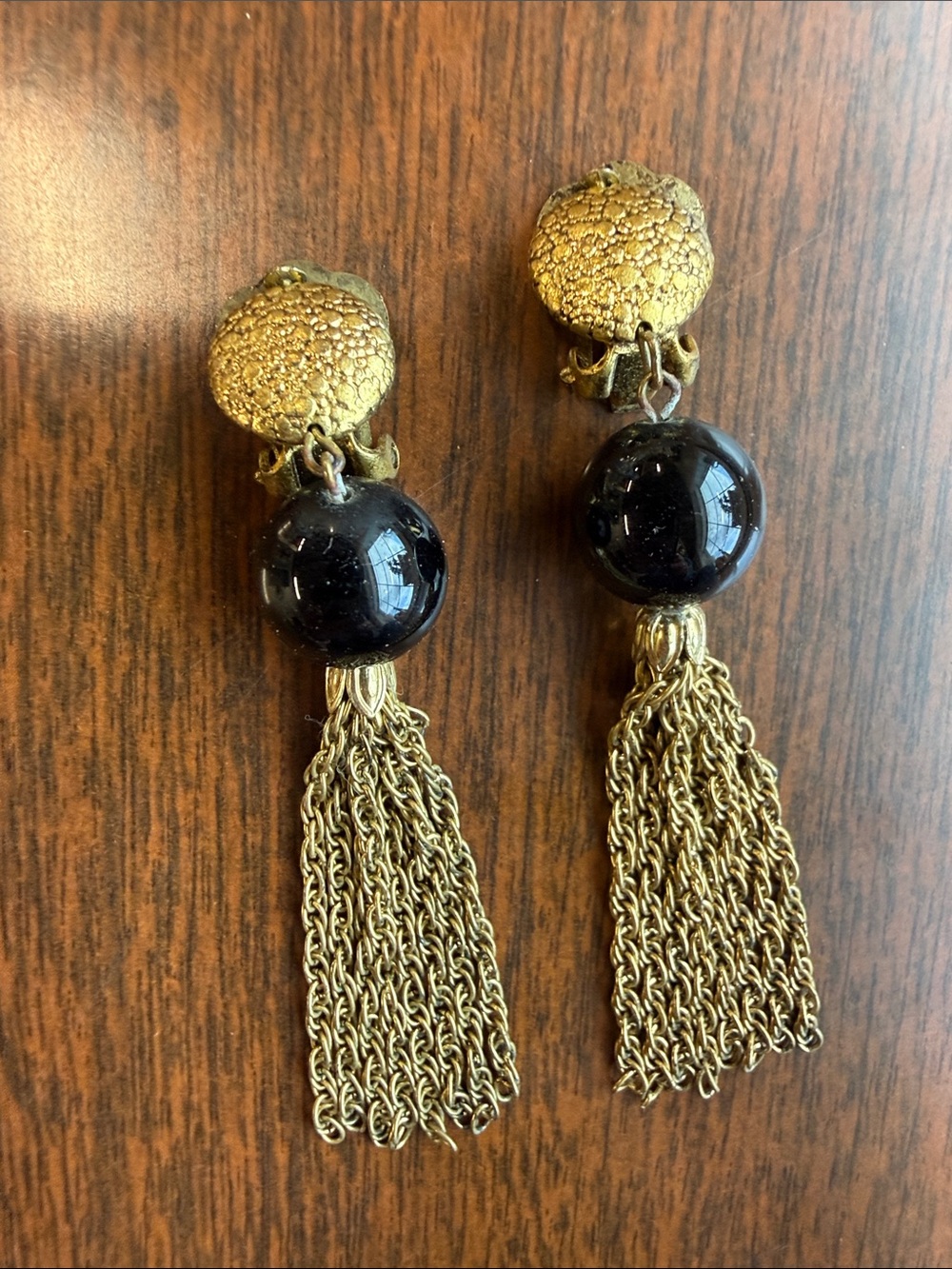 Vintage Black Bead Tassel Clip-On Earrings | Gold Tone Statement Dangle Earrings